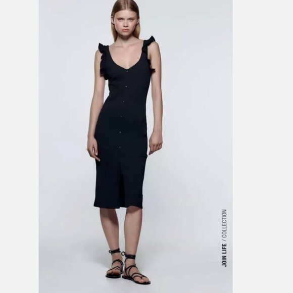 ZARA Black Button-Down Ruffled Sleeve Dress Size Small NWOT - Picture 1 of 6